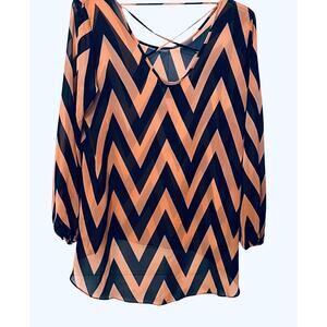 SIGNATURE STUDIO LONG SLV PULL-OVER HI-LOW BLOUSE, WOMENS, XL, ORANGE/NAVY BLUE